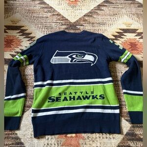 NFL Seattle Seahawks Men's Navy and Green Crewneck Sweater